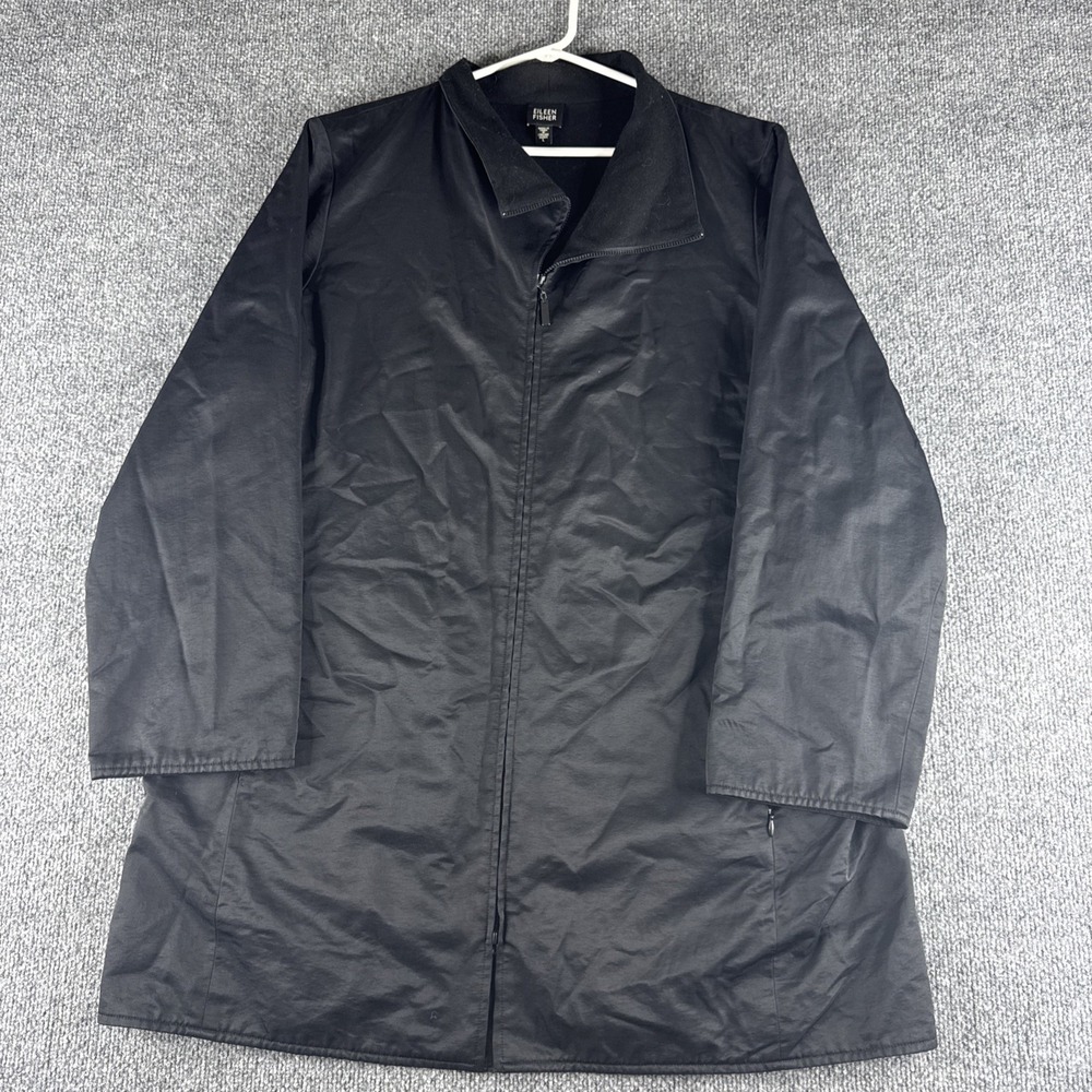 Eileen Fisher Black Cotton Mid-Thigh Jacket Coat – Stand Collar, Minimalist L